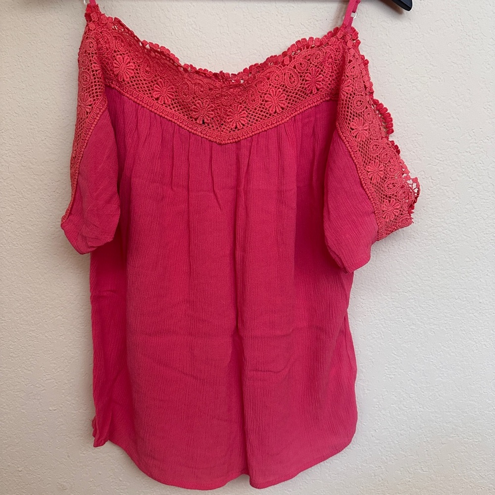 Gypsies & Moondust Pink Lace Cold-Shoulder Blouse